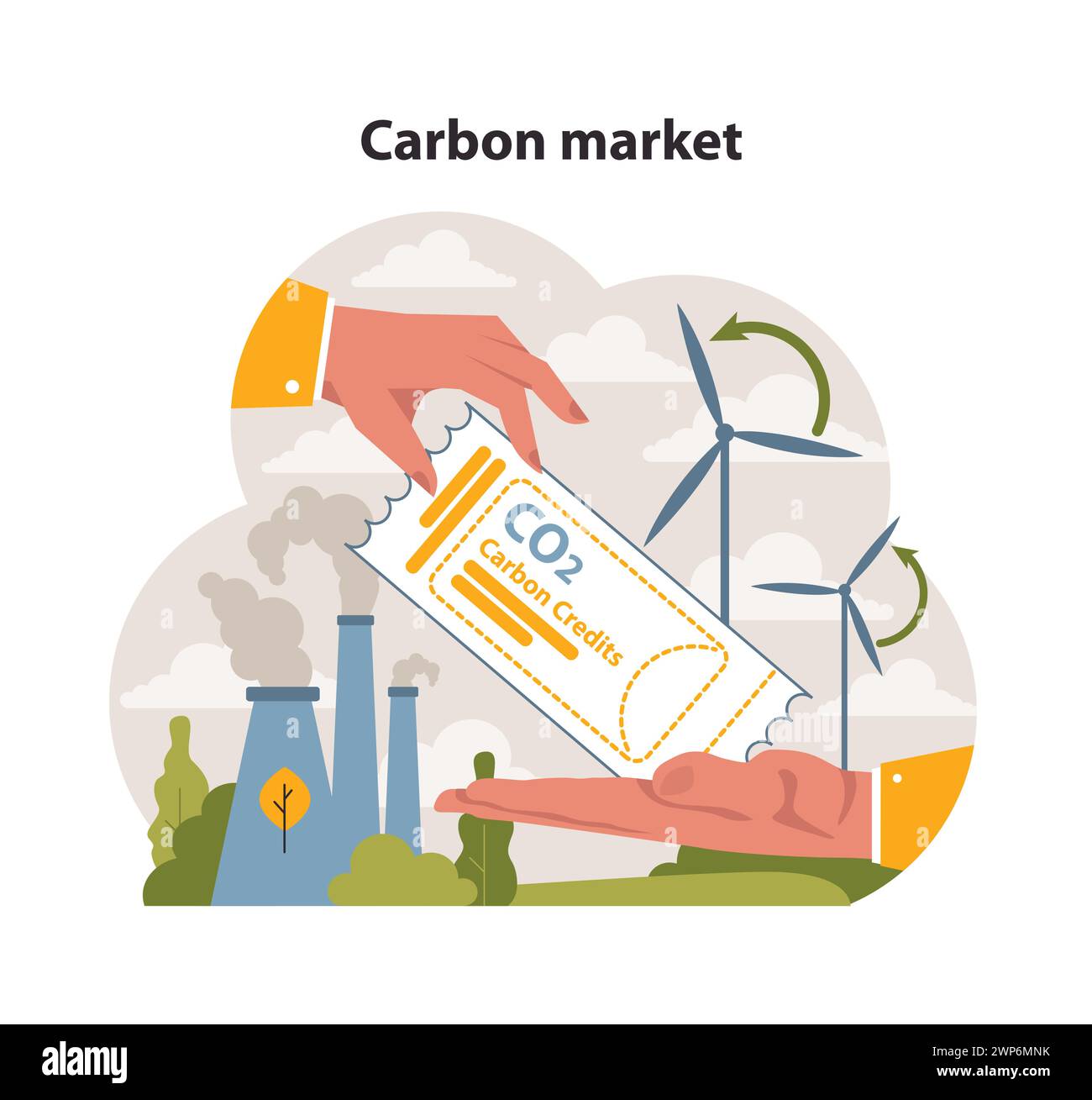 Hände tauschen einen Kohlendioxidkredit aus, während Industriedämpfe und saubere Windräder nebeneinander stehen. Handel auf dem Kohlenstoffmarkt für eine sauberere Welt. Illustration des flachen Vektors. Stock Vektor