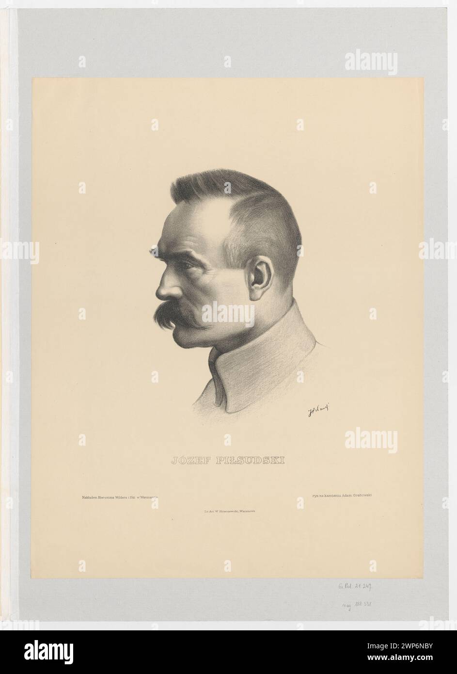 Porträt von Józef Piłsudski von Adam Grabowski und Hieronim Wilder, um 1930, mit grafischer Darstellung des polnischen Führers. Teil der Kollektion Wellsz, die polnische Grafiken und das kulturelle Erbe widerspiegelt. Stockfoto