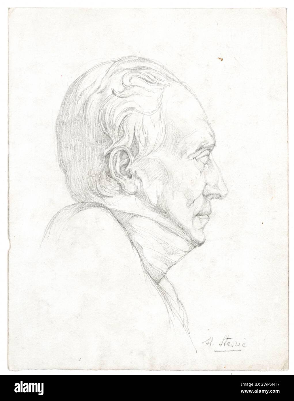 Grafische Studie von Ignacy Care (1926) mit Profilporträt von Stanisław Staszic, einschließlich Verweisen auf Medaillen und Ikonographie. Stockfoto