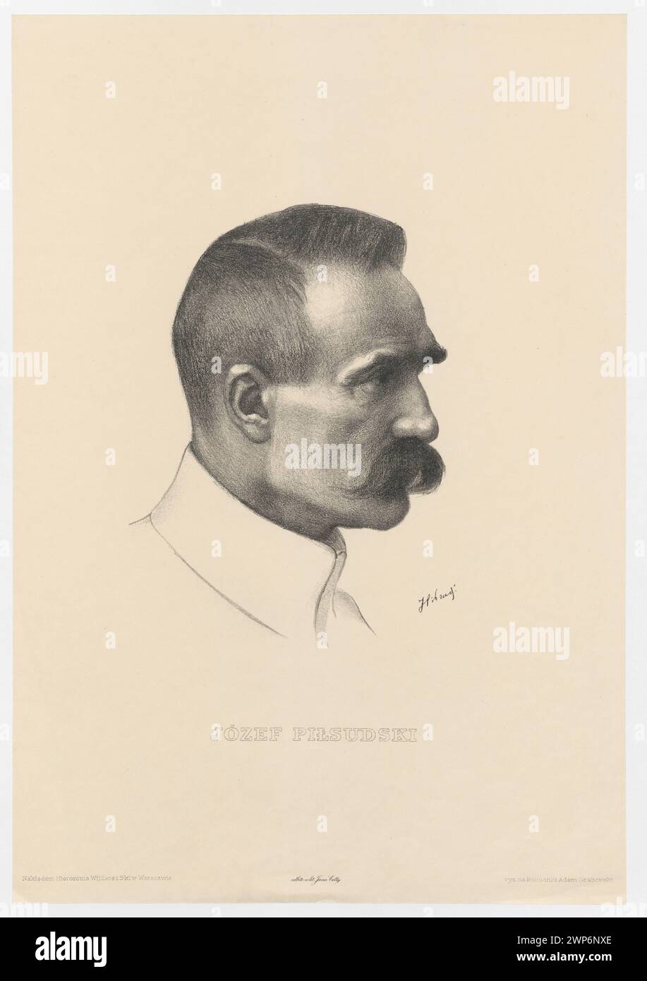 Porträt von Józef Piłsudski von Adam Grabowski und Jan Cotty, um 1930, mit grafischer Darstellung des polnischen Staatsmannes und Militärführers. Teil der Sammlung Wellsz, die polnische Grafiken und das kulturelle Erbe illustriert. Stockfoto