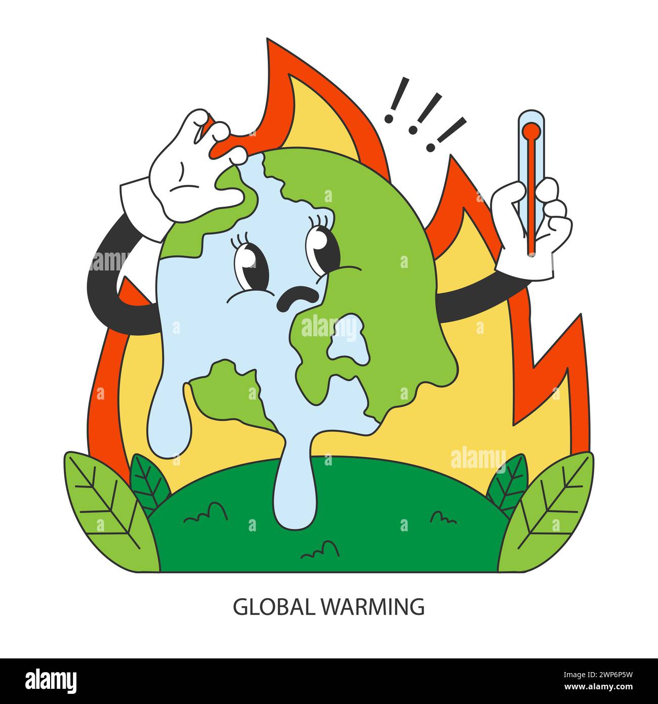 Klimawandel. Anstieg der Planetentemperatur und Anstieg des Meeresspiegels aufgrund von CO2-Emissionen. Naturschutzmaßnahmen. Nachhaltigkeitsziel. Illustration des flachen Vektors Stock Vektor