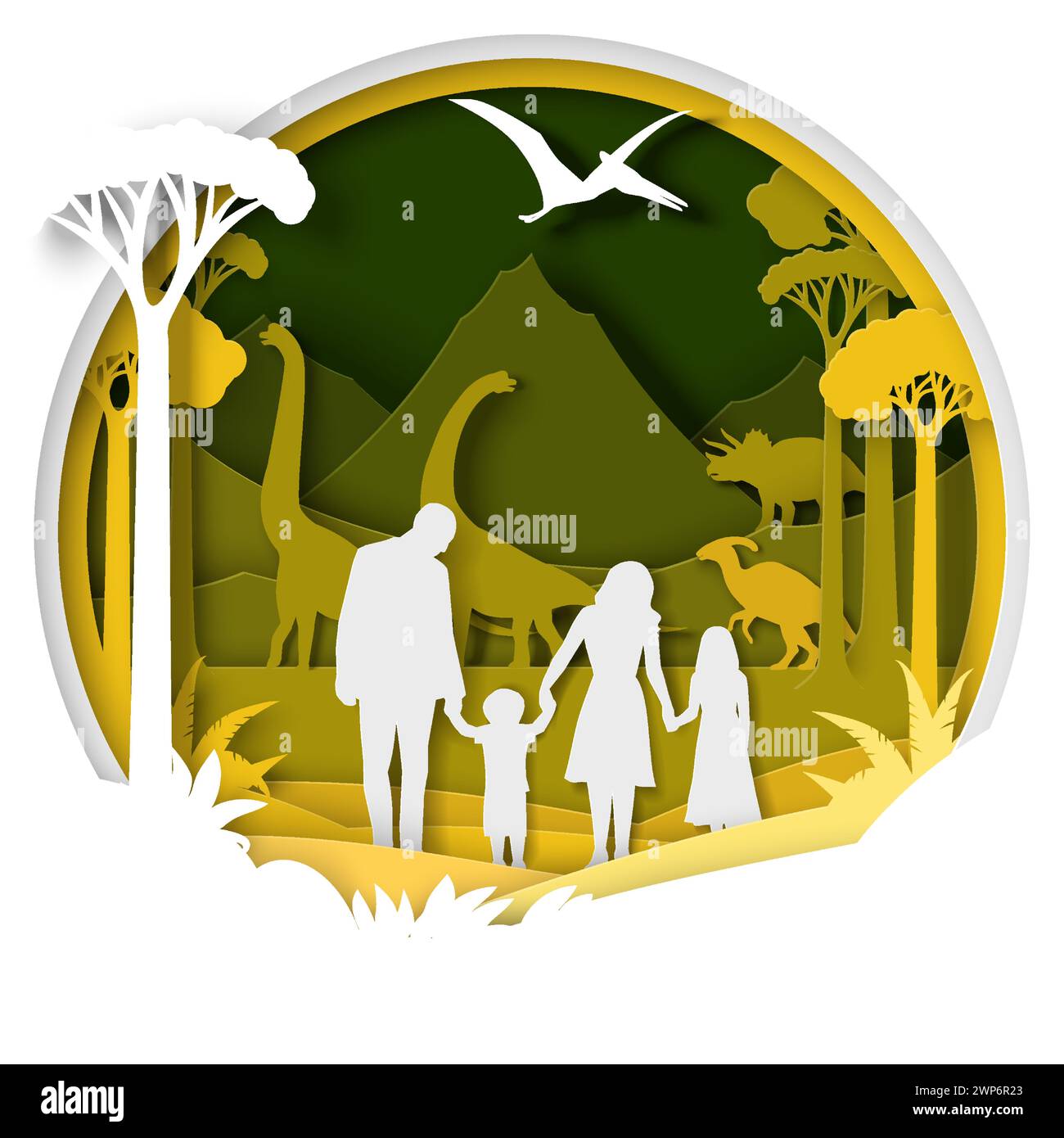 Papierschnitt glückliche Familiensilhouette, die sich im Dinosaurier Park erholen kann Stock Vektor