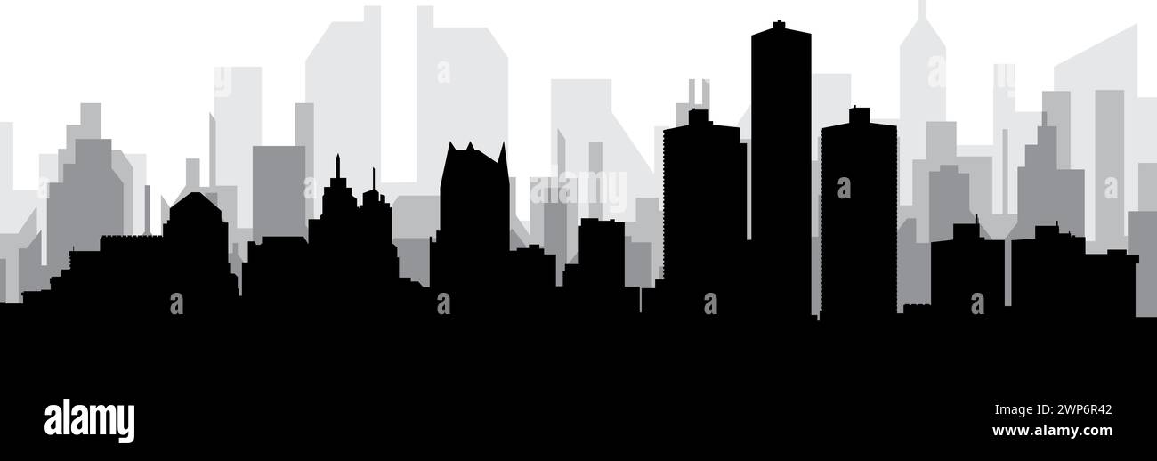 Schwarzes Skyline-Panorama der Stadt mit grau nebligen Stadtgebäuden im Hintergrund des DETROIT, USA Stock Vektor