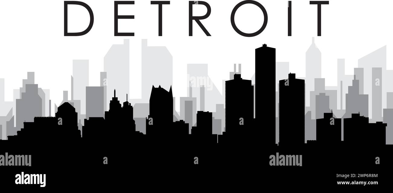 Schwarzes Skyline-Panorama der Stadt mit grau nebligen Stadtgebäuden im Hintergrund des DETROIT, USA Stock Vektor