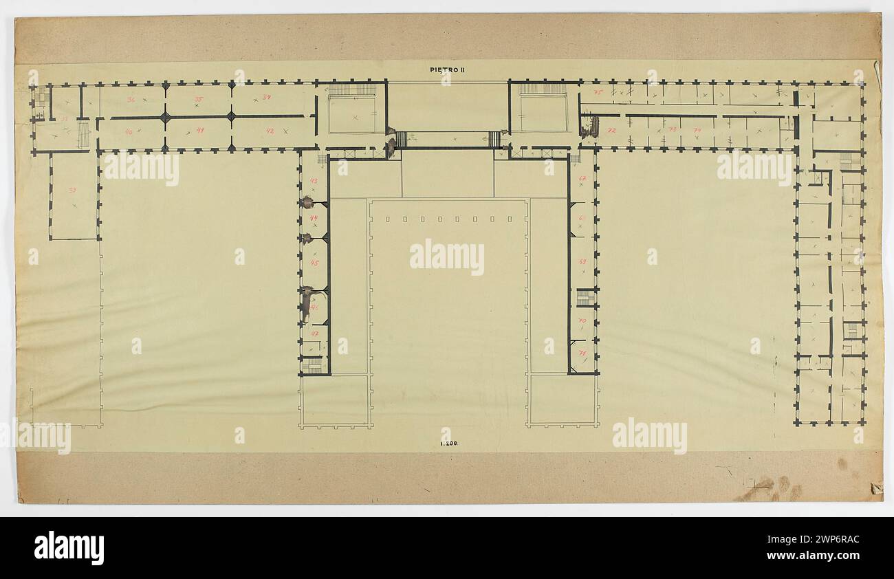 Warschau. Nationalmuseum. TRI -TRI -BAUM. Allgemeiner Plan mit nummerierten Ausstellungsräumen; Maßstab 1: 200; Tadeusz (1887-1951); 1938 (1938-00-00-1938-00); Nationalmuseum in Warschau (1862-), Warschau (Woiwodschaft Masowien), Museen (Architekt), Architekturprojekte, architektonische Überwürfe Stockfoto