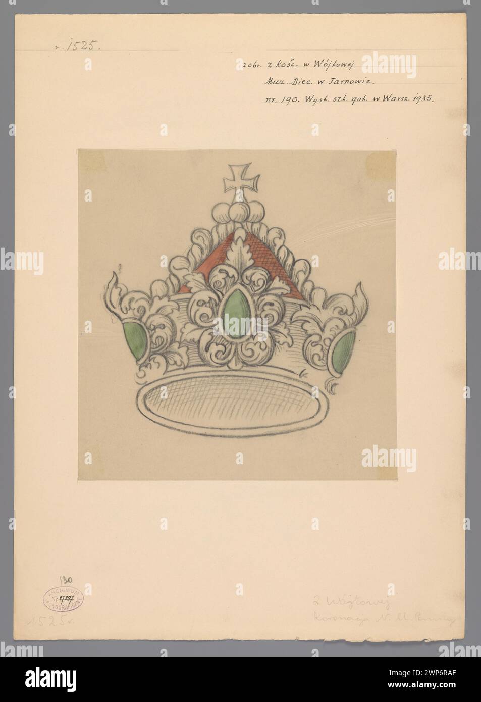 Gemälde mit einer Krone und einer Kirche im Dorfkopf, untergebracht im Diözesanmuseum in Tarnów und ausgestellt in der Ausstellung polnischer Gotik in Warschau, um 1935–1939. Stockfoto