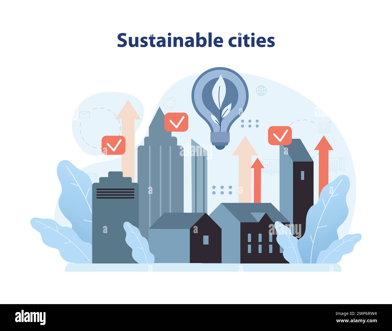 Nachhaltige Städte mit einer progressiven Skyline, einer umweltfreundlichen Glühbirne und aufsteigenden Pfeilen. Stadtentwicklung trifft auf Umweltbewusstsein und betont grüne Infrastruktur und Innovation Stock Vektor