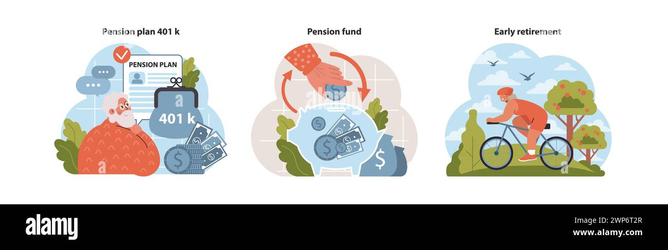 Abgangsset. Die goldenen Jahre mit 401 000 sichern, in Pensionsfonds investieren und ein aktives Leben nach dem Eintritt in den Ruhestand genießen. Finanzplanung, zukünftige Einsparungen, gemächliches Radfahren. Flacher Vektor. Stock Vektor