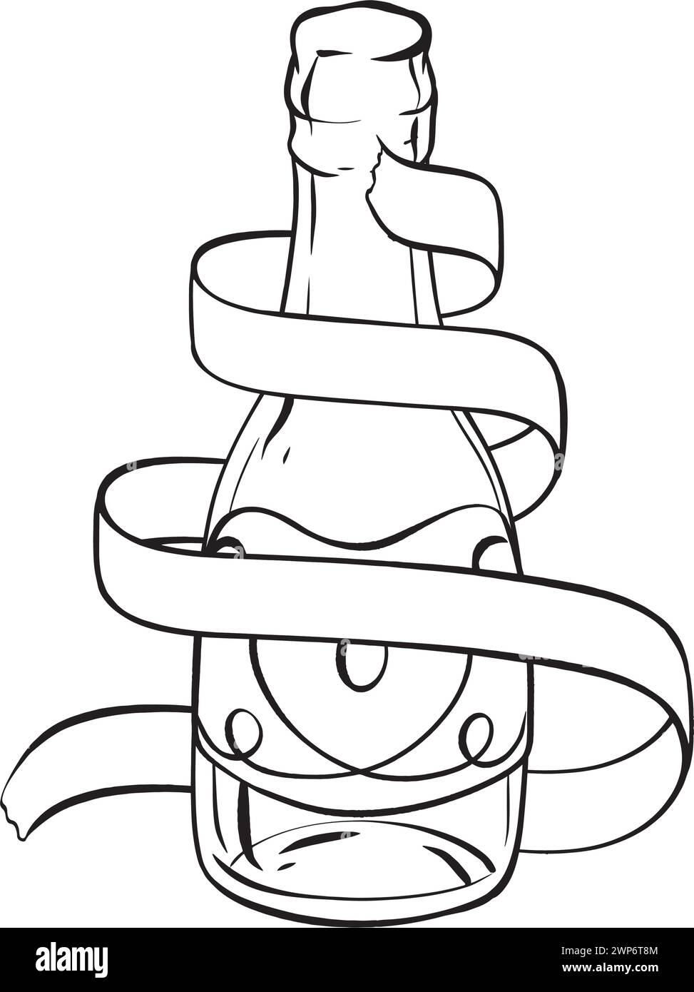 Eine einfarbige Abbildung einer Flasche mit einem Band, das um sie gewickelt ist Stock Vektor