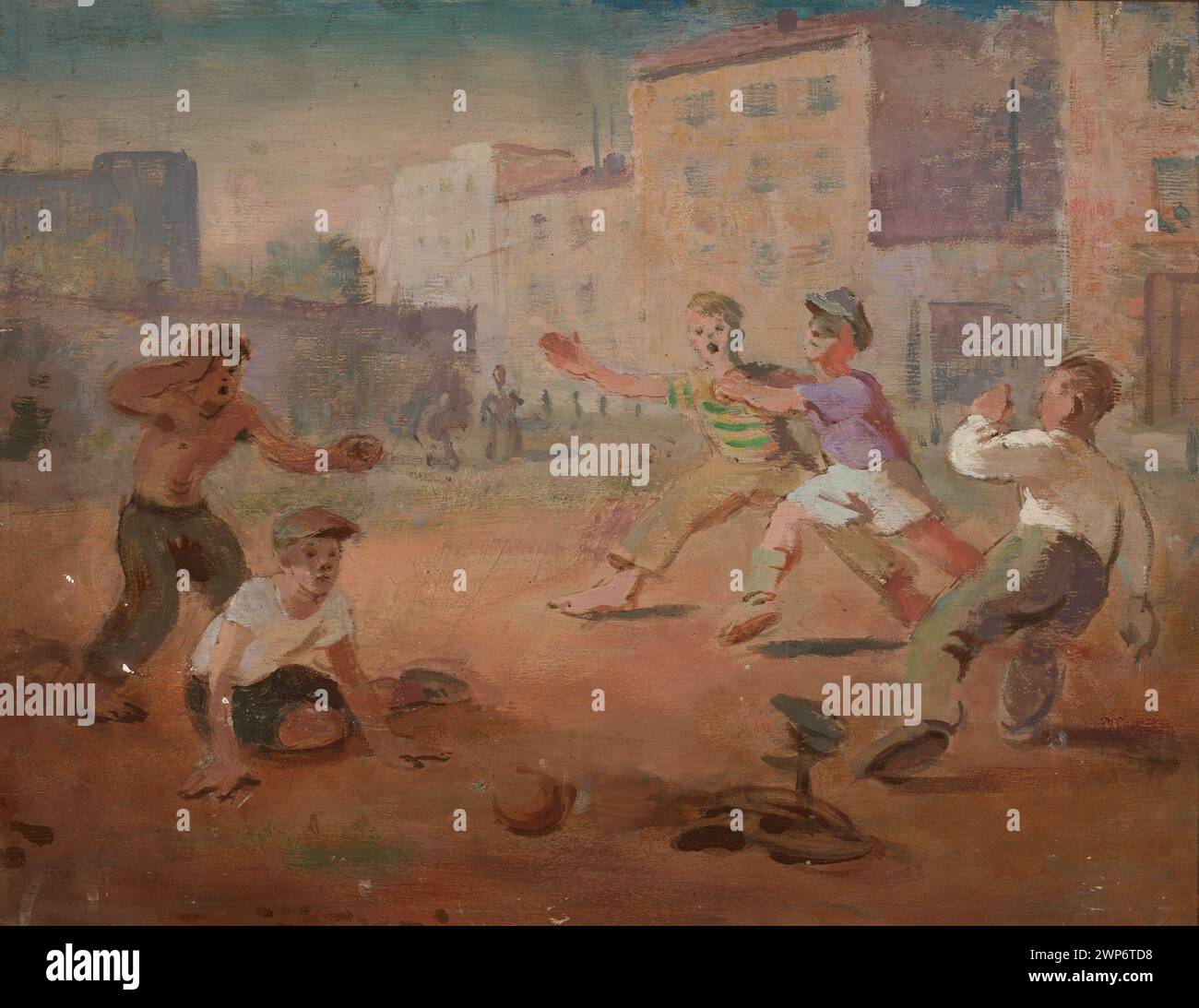 Ein Gemälde aus dem 20. Jahrhundert, das eine Fußballszene zeigt, die Spieler in Aktion zeigt und Sport und Bewegung veranschaulicht. Das Werk spiegelt die zeitgenössische Genremalerei wider, die sich auf sportliche Aktivitäten konzentriert. Stockfoto