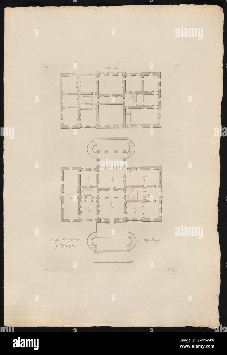 Pläne des Dachgeschosses und der ersten Etage des Blackheath House in Kent, Nachlass von Sir Gregory Page, mit Raumanordnung und architektonischen Merkmalen, gezeichnet von Matthias Darly und John Thomas James im Jahr 1767. Stockfoto