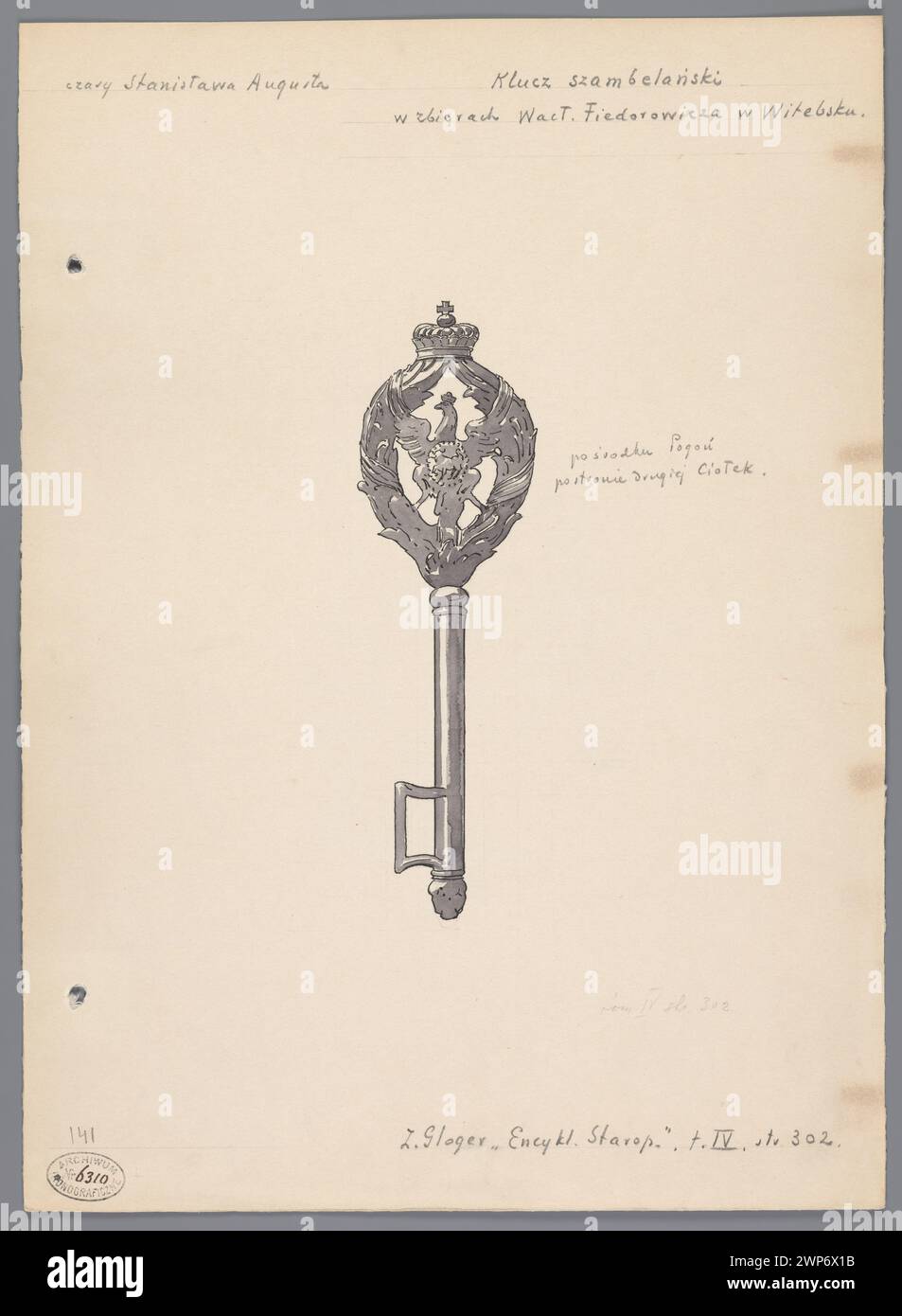 Szambel-Schlüssel aus der Sammlung von Wacław Fiedorowicz in Vitebsk, erwähnt in Zygmunt Glogers illustrierter altpolnischer Enzyklopädie, die vor 1916 dokumentiert wurde. Stockfoto