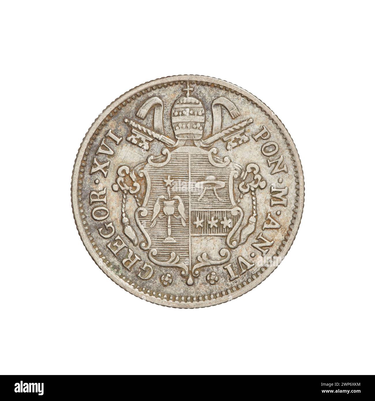 10 Baiocchi-Münze, die 1836 unter Papst Gregor XVI. Ausgegeben wurde, repräsentiert den päpstlichen Geldumlauf. Stockfoto