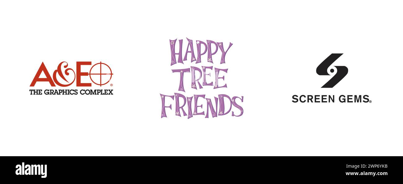 A&E The Graphics Complex, Happy Tree Friends, Screen Gems. Beliebte Markenlogo-Kollektion. Stock Vektor
