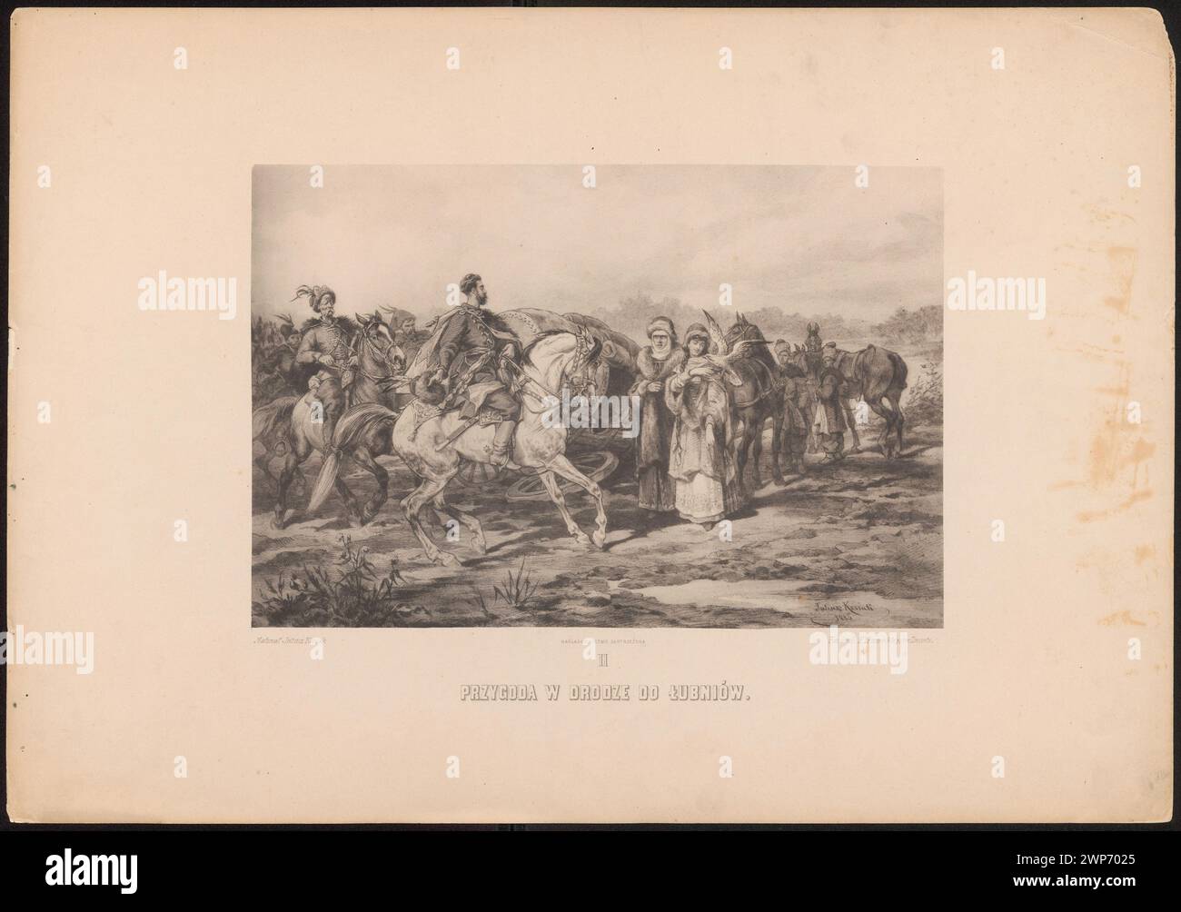 Eine Illustration von Juliusz Kossak, die Skrzetuski und Helena Kurcewiczówna auf ihrer Reise für Henryk Sienkiewicz's „mit Feuer und Schwert“ darstellt, die polnische Malerei und literarische Illustrationstraditionen widerspiegelt. Stockfoto