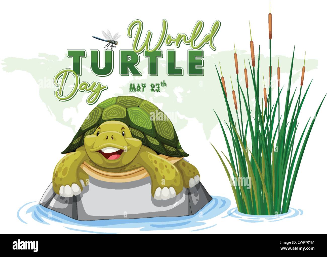 Glückliche Schildkröte im Wasser mit Text zum Weltschildkrötentag Stock Vektor