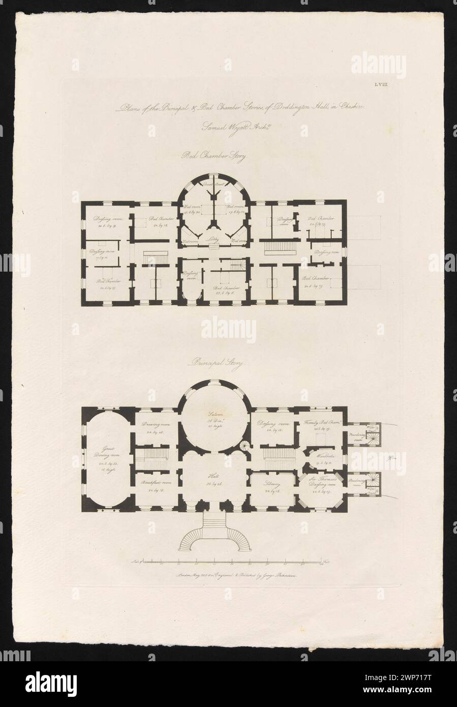 Die Grundrisse der Doddington-Hall in Cheshire zeigen Schlafzimmeranordnungen, die von George Richardson und Samuel Wyatt entworfen wurden und die Grundrisse des Anwesens aus dem frühen 19. Jahrhundert illustrieren. Stockfoto