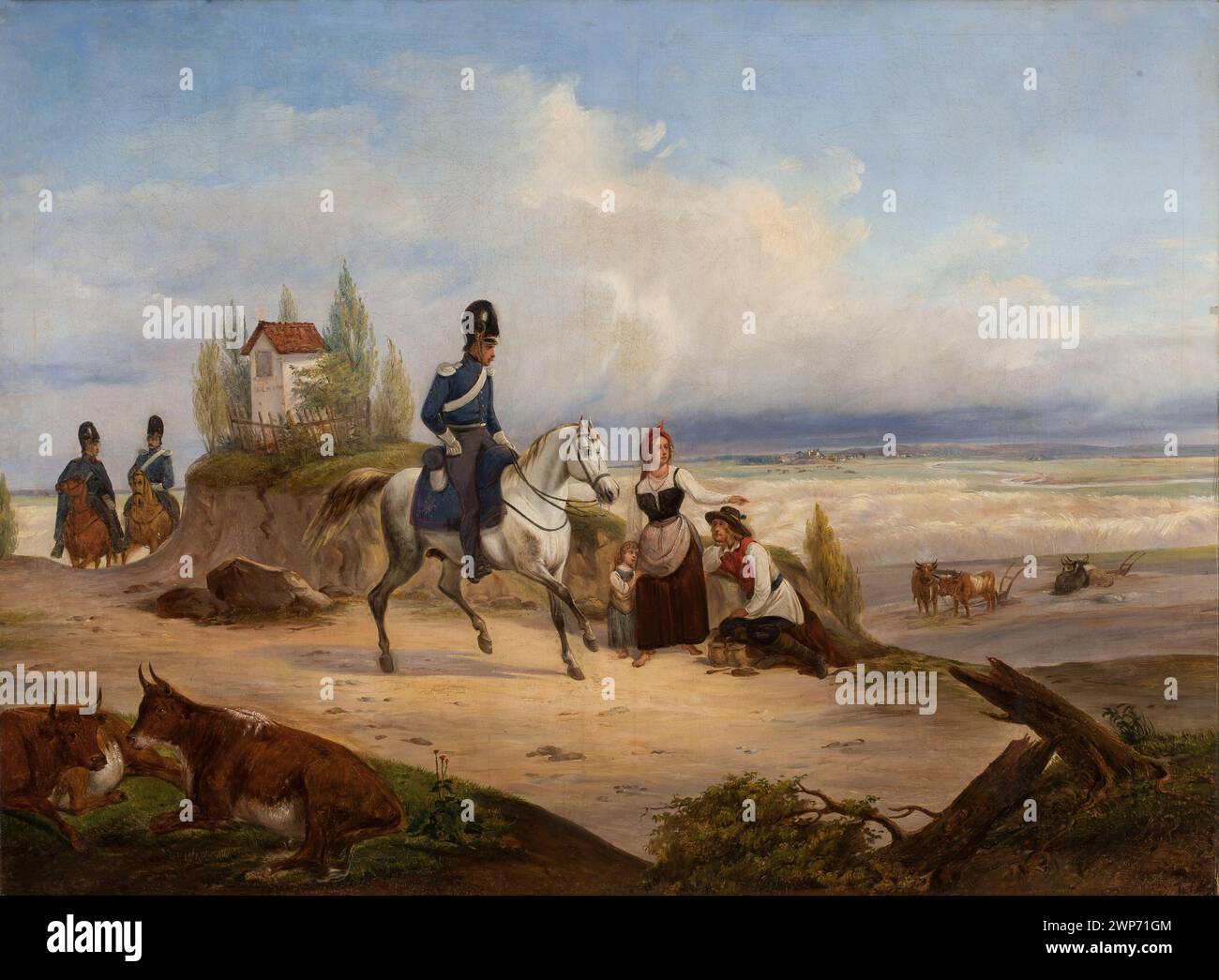 Dieses Gemälde aus dem 19. Jahrhundert von Januar Suchodolski zeigt eine Militärpatrouille in Uniform und veranschaulicht die polnische militärische Aktivität und den historischen Kontext. Stockfoto