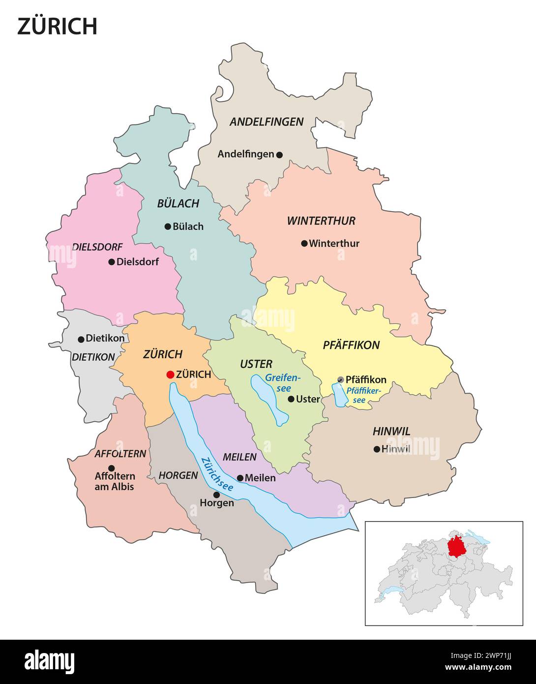 Verwaltungsbezirkskarte des Kantons Zürich, Schweiz Stockfoto