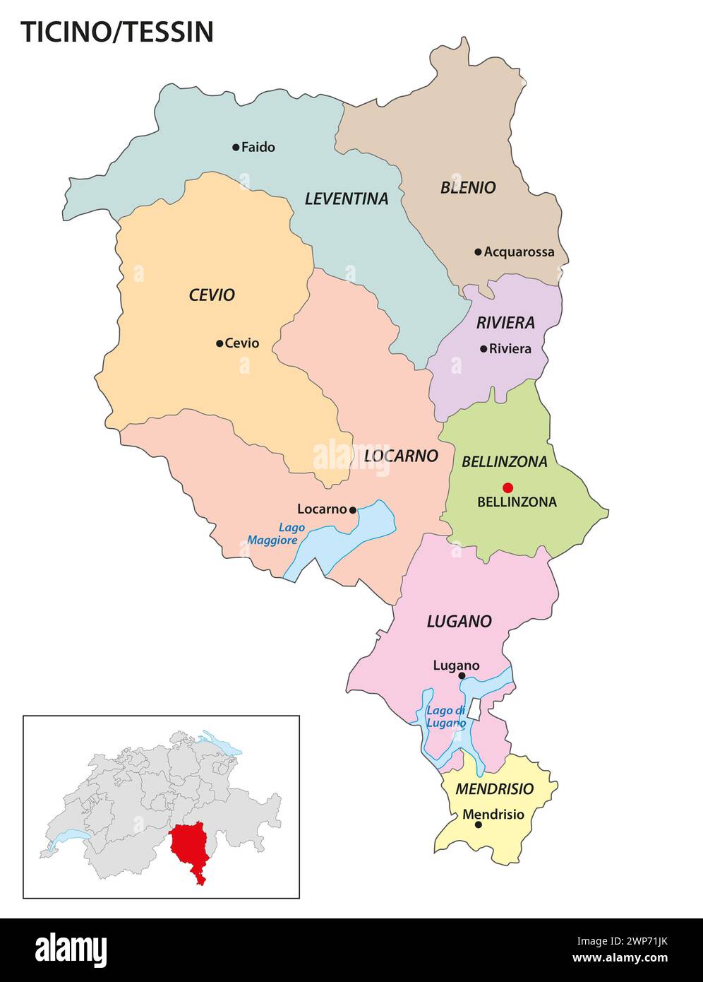 Verwaltungsbezirkskarte des Kantons Tessin, Schweiz Stockfoto