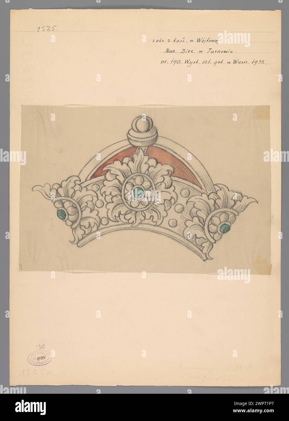 Gemälde mit einer Krone und einer Kirche im Dorfkopf, das im Diözesanmuseum in Tarnów aufbewahrt und in der Ausstellung polnische Gotik in Warschau zwischen 1935 und 1939 gezeigt wurde. Stockfoto