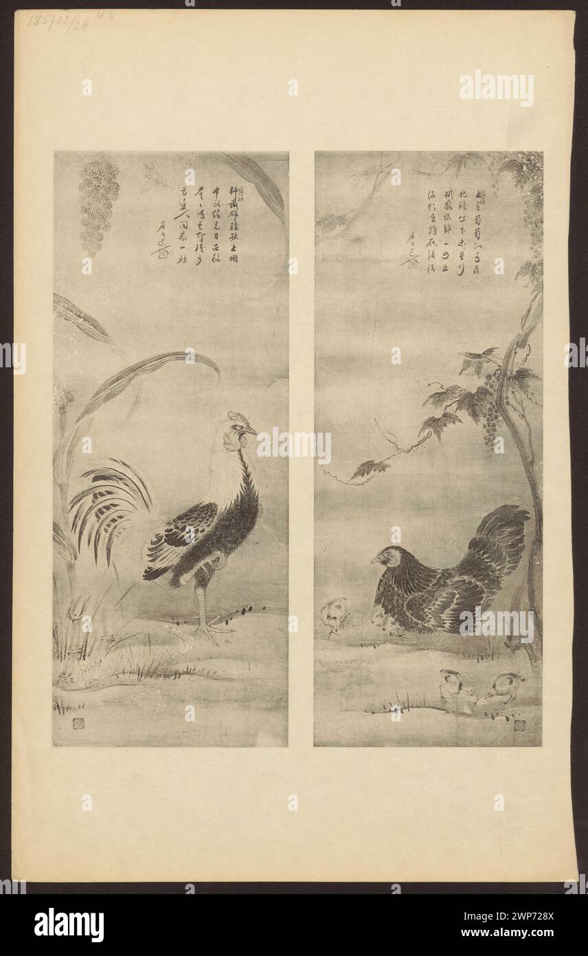 Kunstwerk aus dem 19. Jahrhundert, das einen Hahn und ein Huhn in naturalistischer Haltung zeigt und das Verhalten der Hühner betont. Stockfoto