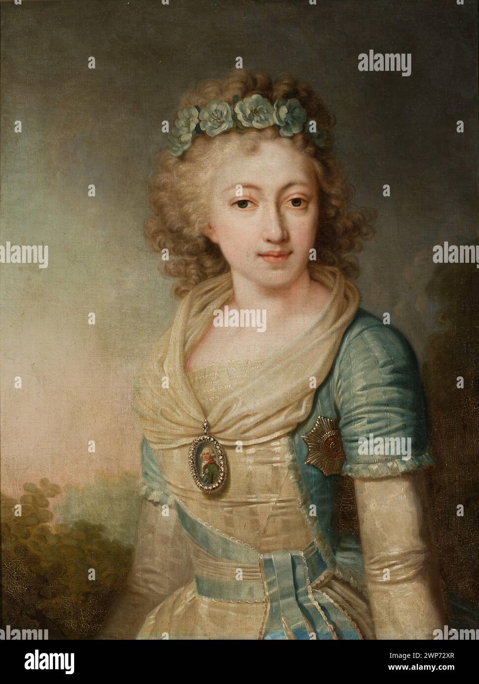 Porträt von Helena, Tochter Paul I., von Wladimir Borovikowski (Ende 18. Bis Anfang 19. Jahrhundert), vor landschaftlichem Hintergrund, Teil der russischen Maltradition und dokumentierte Provenienz. Stockfoto