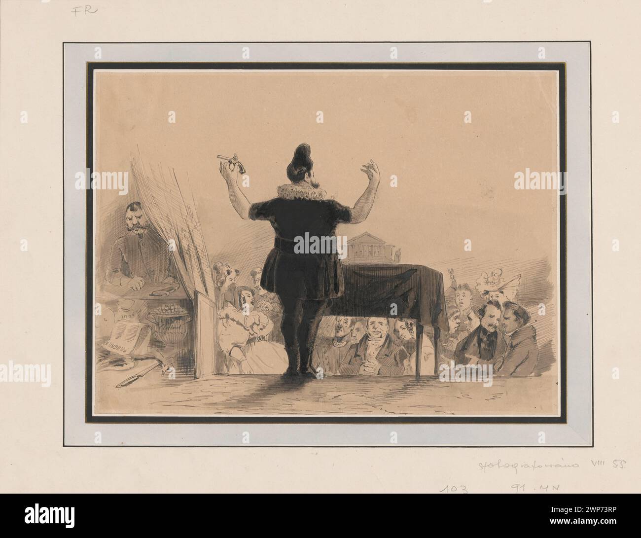 Illustration von Jean-Jacques Grandville (1803–1847) vor 1832 mit einem Prestidigitator, politischen Karikaturen und Illustrationsprojekten. Teil von Jan Gottlib Bloch Collections und La Caricature Magazine, Paris, und Society for the Fountern of Fine Arts, Warschau. Stockfoto