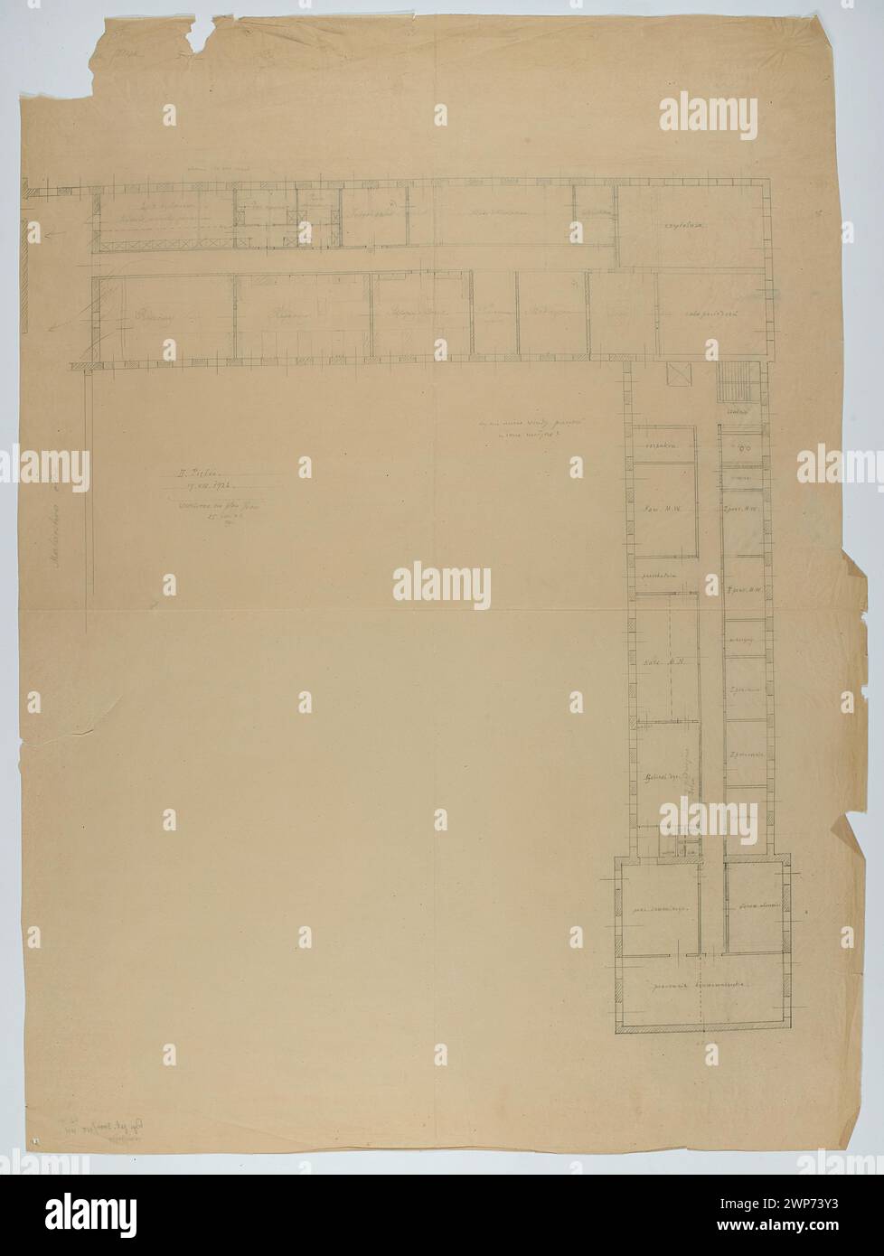 Warschau. Nationalmuseum. Skizzieren der Konstruktion. Rechter Flügel (I-II) TRI -TRI -BAUM. Plan mit Beschreibung und Kommentaren; Maßstab 1: 100; Gembarzewski, Bronis Aw (1872-1941), dies, Tadeusz (1887-1951); 19.08.1926 (1926-00-00-1926-00); Nationalmuseum in Warschau (1862-), Warschau (Woiwodschaft Masowien), Museen (Architekt), Architekturpläne, Architekturprojekte, architektonische Überwürfe Stockfoto