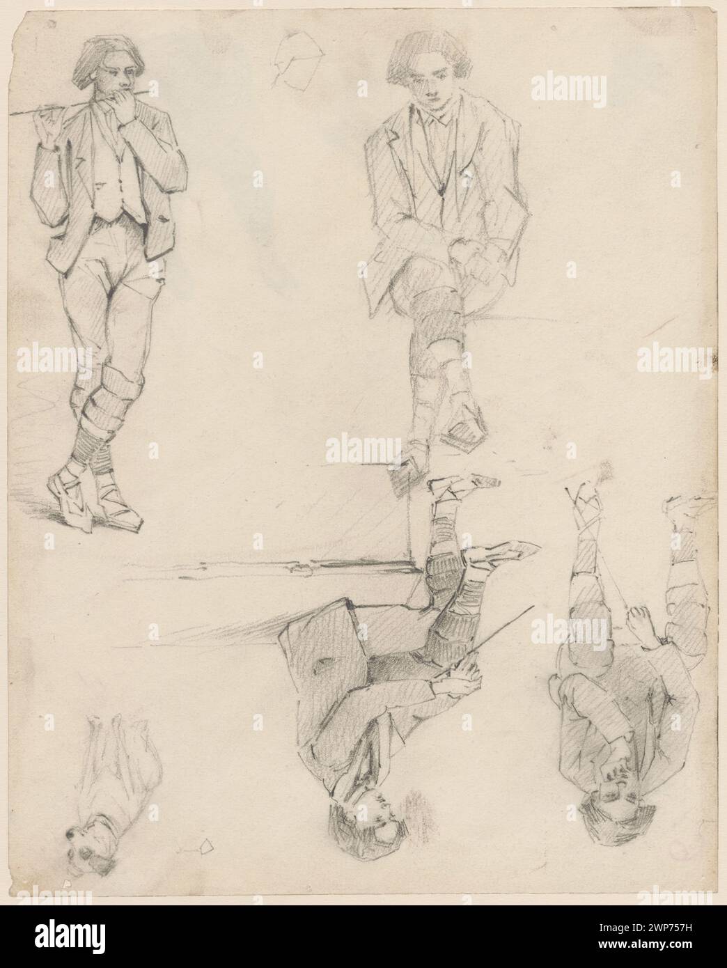 Sketches II; Jasi Ski, Feliks Stanis Aw (1862-1901); nach 1881 (1881-00-00-1884-00); Wellsz, Leopold (1882-1972), Wellsz, Leopold (1882-1972)-Sammlung, Männer, Polnisch (Kultur), Hunde, polnische Zeichnungen, Skizzen, Kauf (Herkunft) Stockfoto