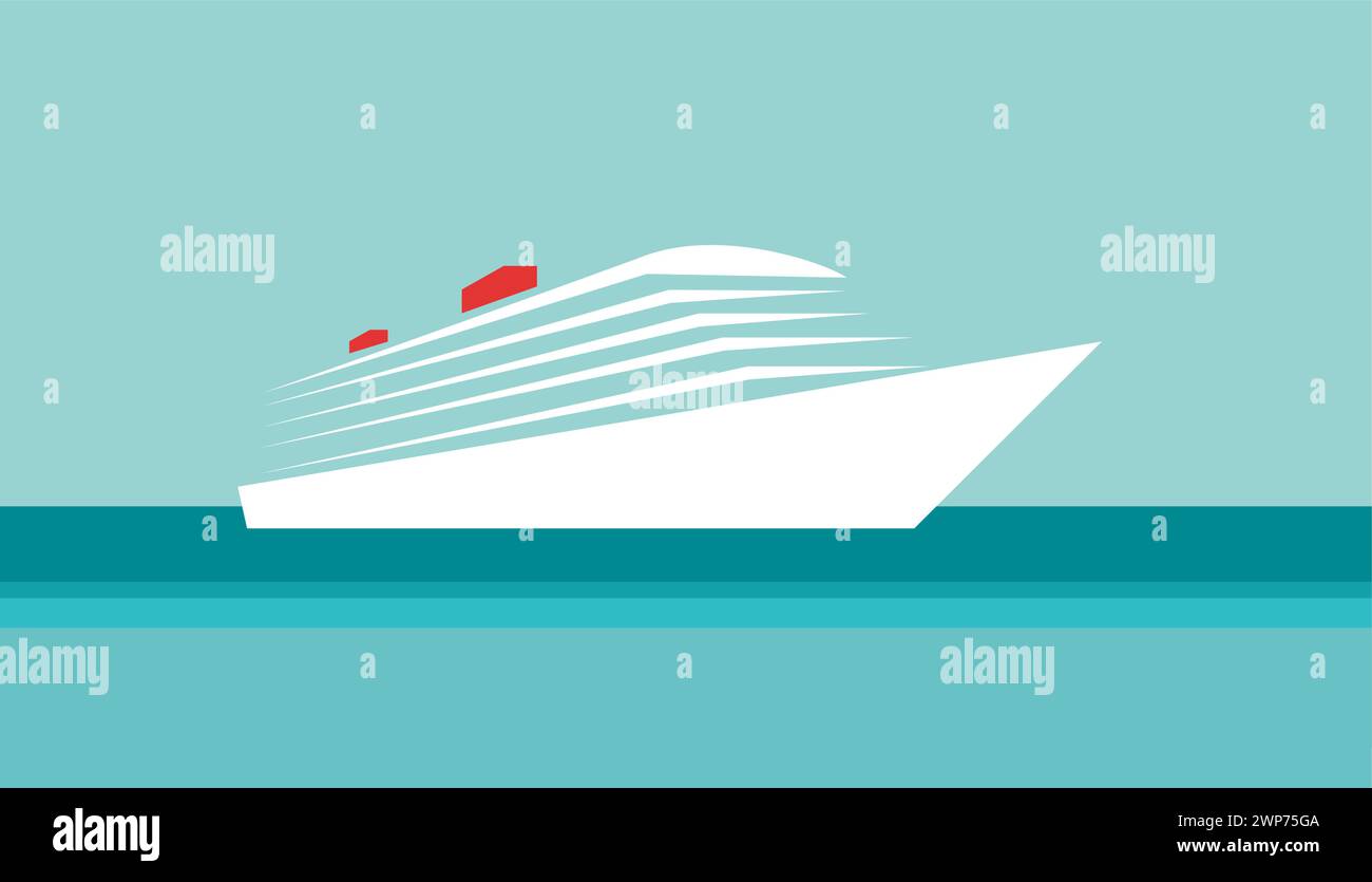 Weißes Kreuzfahrtschiff auf türkisfarbenem, ruhigem Meer. Vektorabbildung. Einfacher Hintergrund mit Kopierraum. Stock Vektor