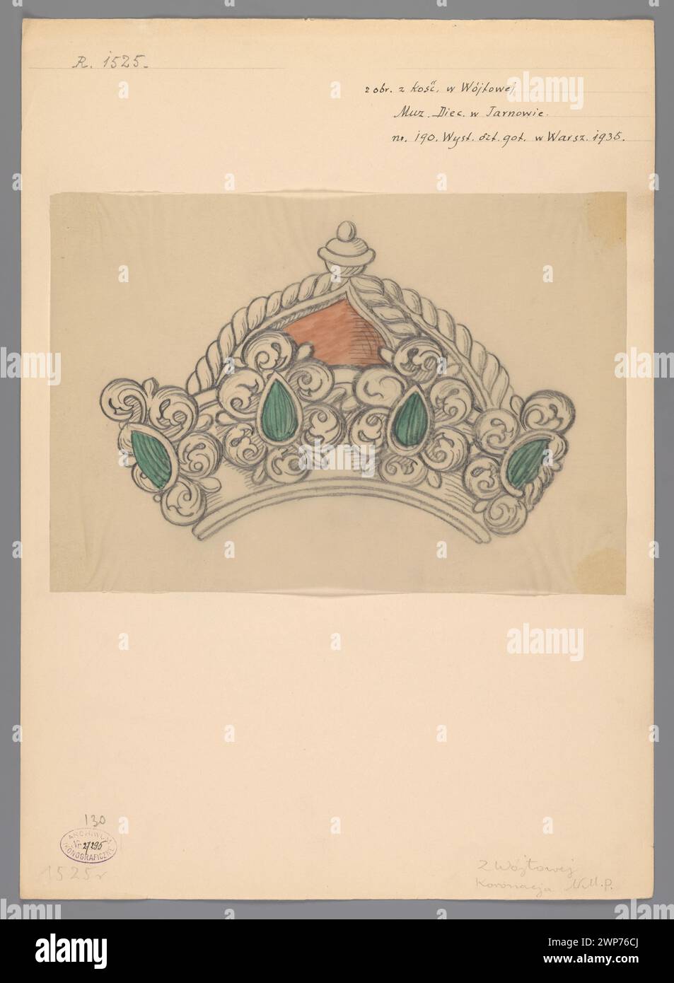 Gemälde mit einer Krone und einer Kirche im Dorfkopf, aufbewahrt im Diözesanmuseum in Tarnów und ausgestellt in der Ausstellung polnischer Gotik in Warschau, um 1935–1939. Stockfoto