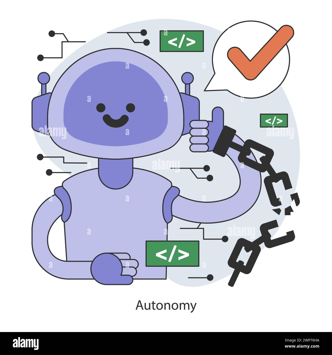 KI-Ethik. Autonomie künstlicher Intelligenz. Komplexe neuronale Netzsysteme, die unabhängig von direkten menschlichen Eingriffen arbeiten. Entscheidungsfindungsprozess. Illustration des flachen Vektors Stock Vektor