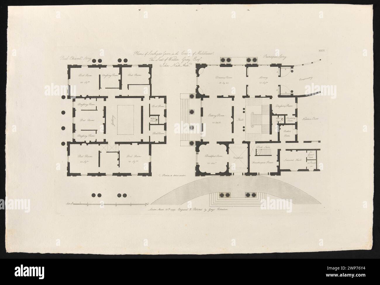 Dieser Grundriss im ersten Stock von Richardson und Nash, veröffentlicht 1802–1808, zeigt Schlafzimmer und Umlauf eines Paradehauses in Southgate Grova in der Nähe von Enfield, Middlesex, Teil des Anwesens Walker Gray. Stockfoto