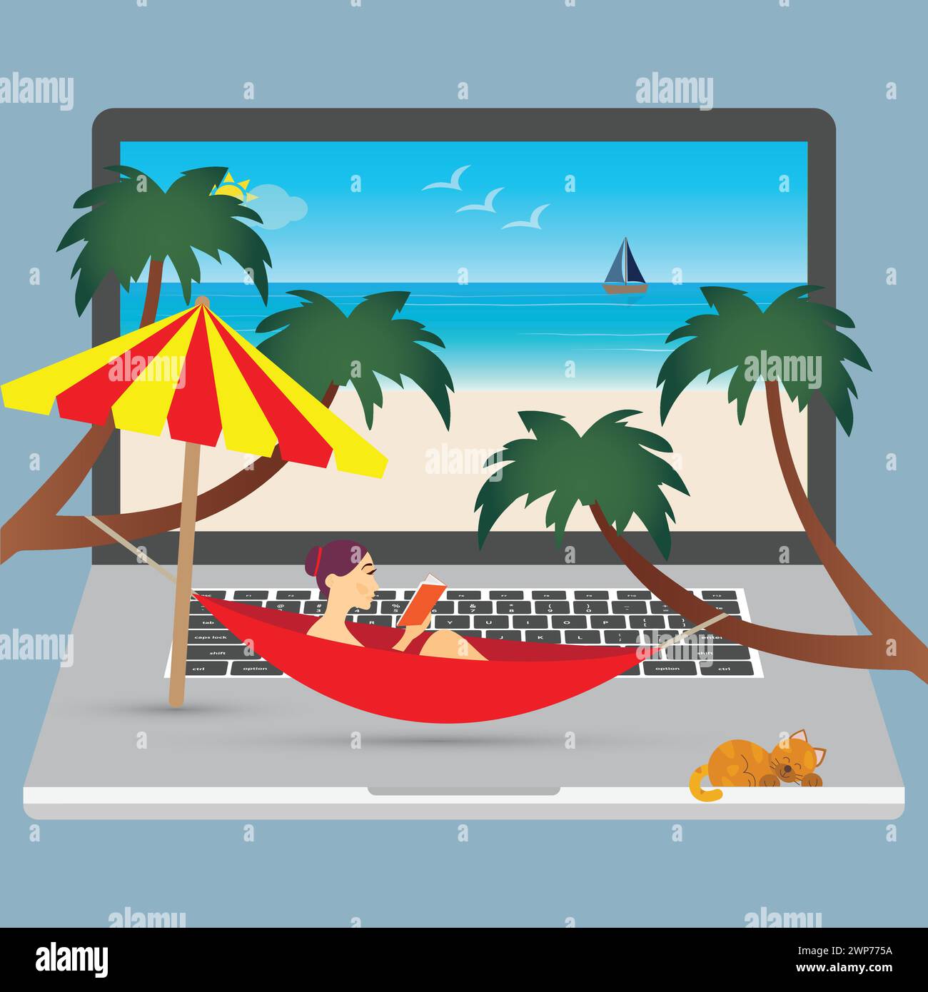 Frau liest in einer Hängematte auf einem Laptop mit einer Meereslandschaft auf dem Bildschirm Stock Vektor