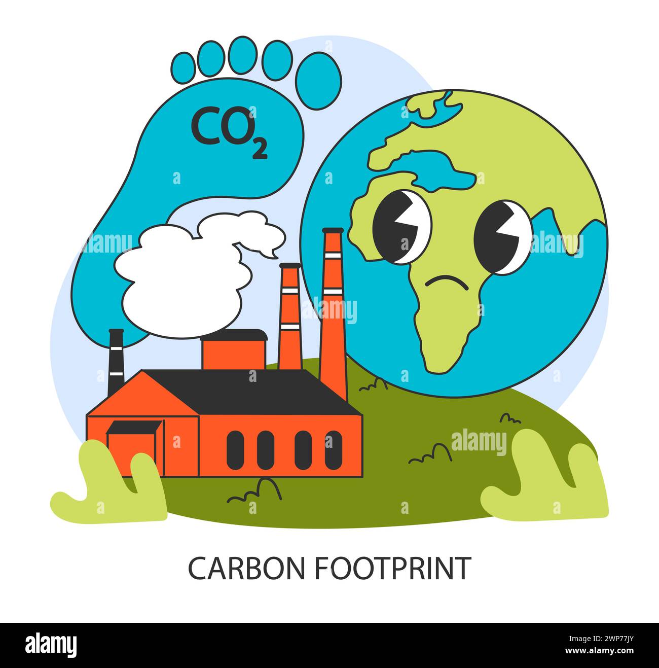 CO2-Bilanz. Traurige Erde neben einem mit CO2 markierten Fußabdruck. Luftverschmutzung in der Fabrik. Globale CO2-Emissionen. Industrieemissionen. Klimakrise. Illustration des flachen Vektors. Stock Vektor