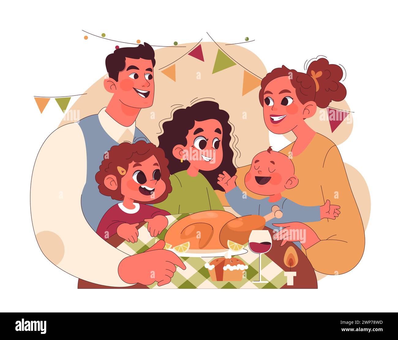Fröhliche Familie feiert Thanksgiving. Amerikanische Feiertagsessen und -Treffen. Glückliche Kinder und Eltern, die Zeit miteinander verbringen. Illustration des flachen Vektors Stock Vektor