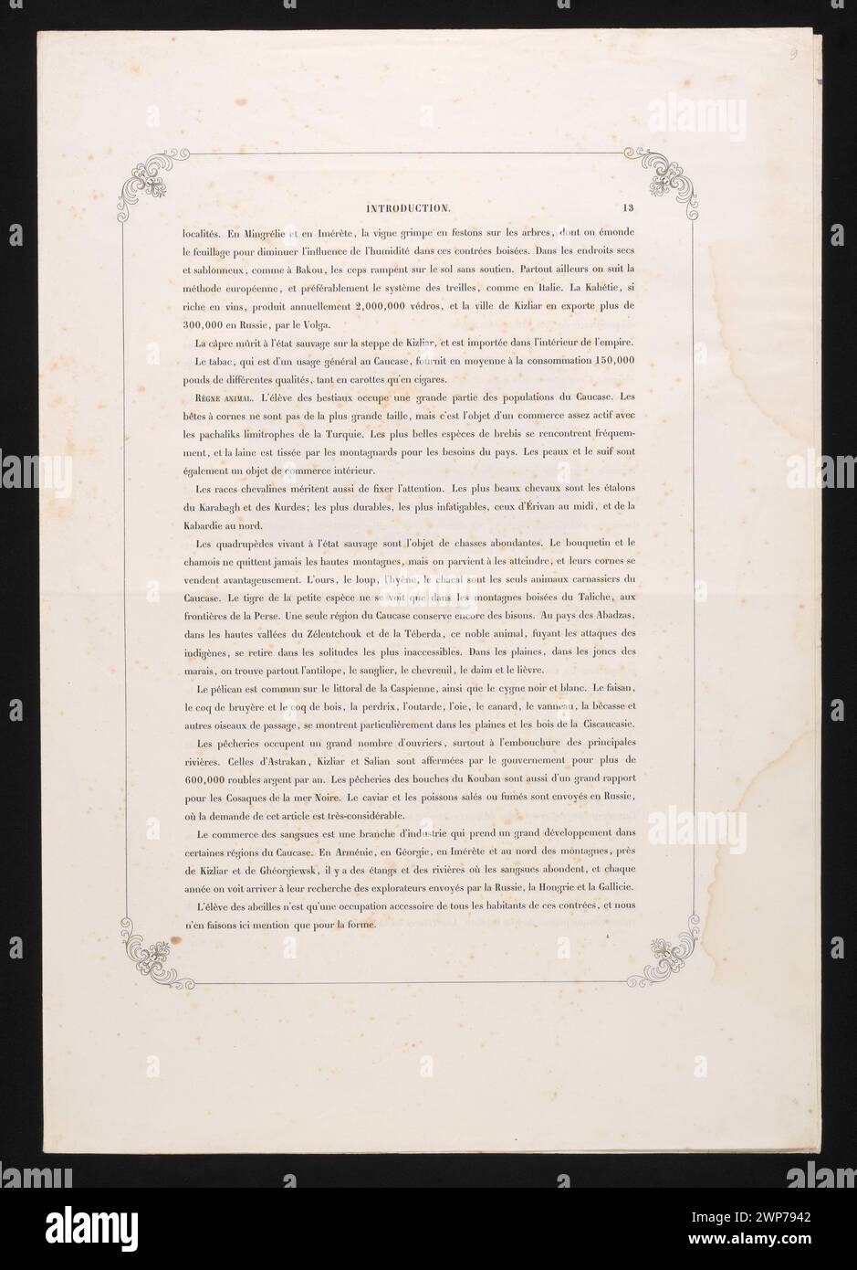 Kapitel über Klima und Produktion in den Bergen aus "Le Caucase Pittoresque" (1847) von Emile Montigneul, Grigory Gagarin und Ernst von Stackelberg, gedruckt von Henri-Shippe in Paris, beschreibt die ökologischen und wirtschaftlichen Bedingungen. Stockfoto
