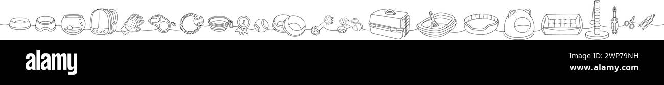 PET-Zubehörset. Schlafkissen, Kauspielzeug, Ballspielzeug, Medaille, Schere, Nagelschneider, Bürste, Fellentferner, Aquarium, tragbare Wasserschale Stock Vektor