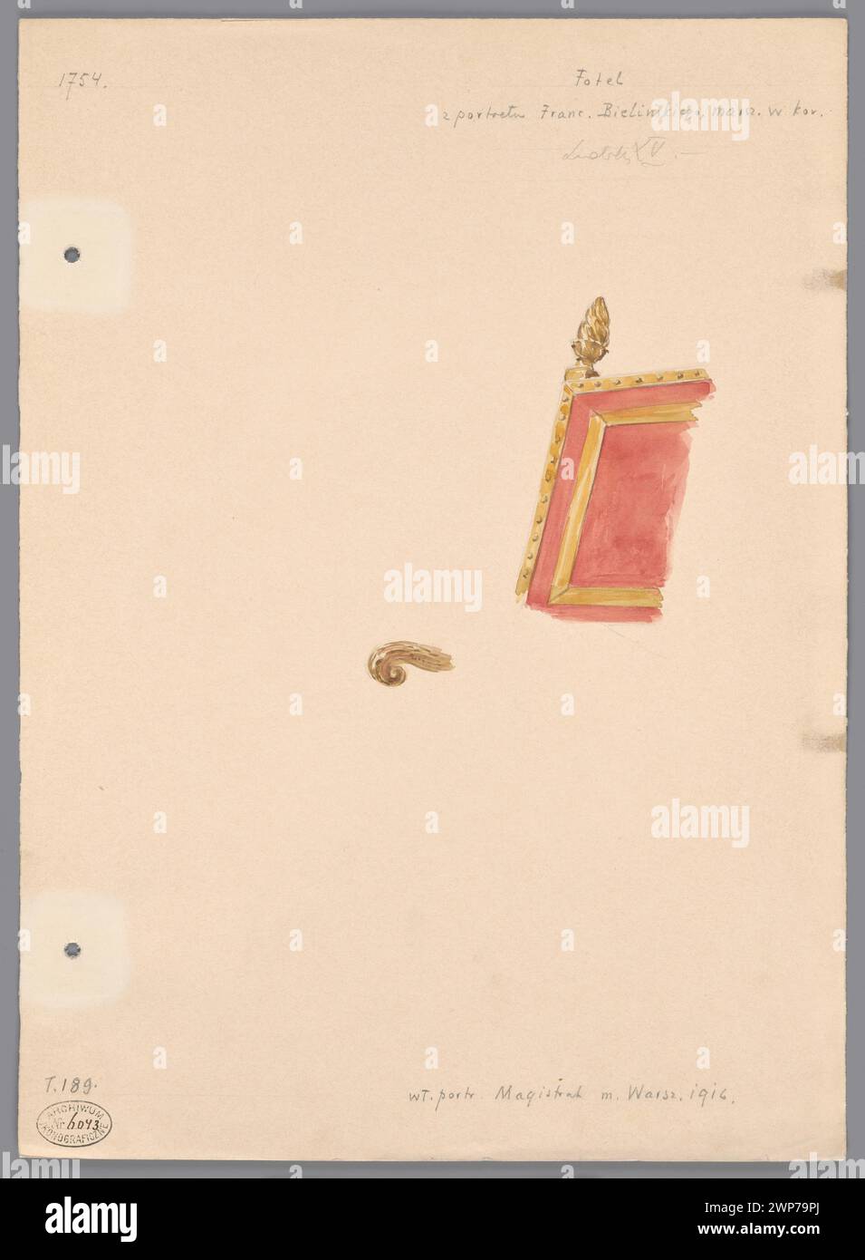 Ein Bildsessel mit dem Porträt von Franciszek Bieli, das 1916 in der Warschauer Gemeindesammlung aufbewahrt wurde, zeigt Polster, Rahmen und künstlerische Designdetails. Stockfoto