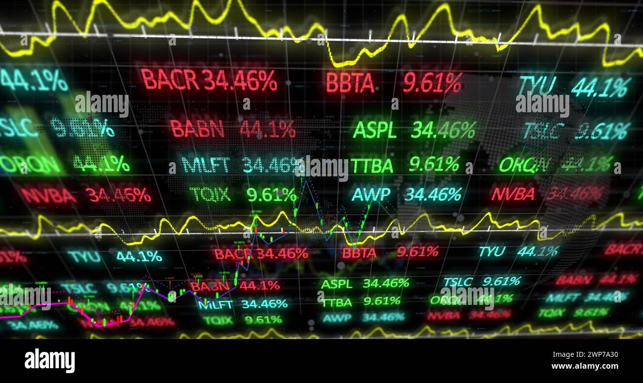 Abbildung verschiedener Diagramme und Finanzdaten, die Börsendaten darstellen Stockfoto
