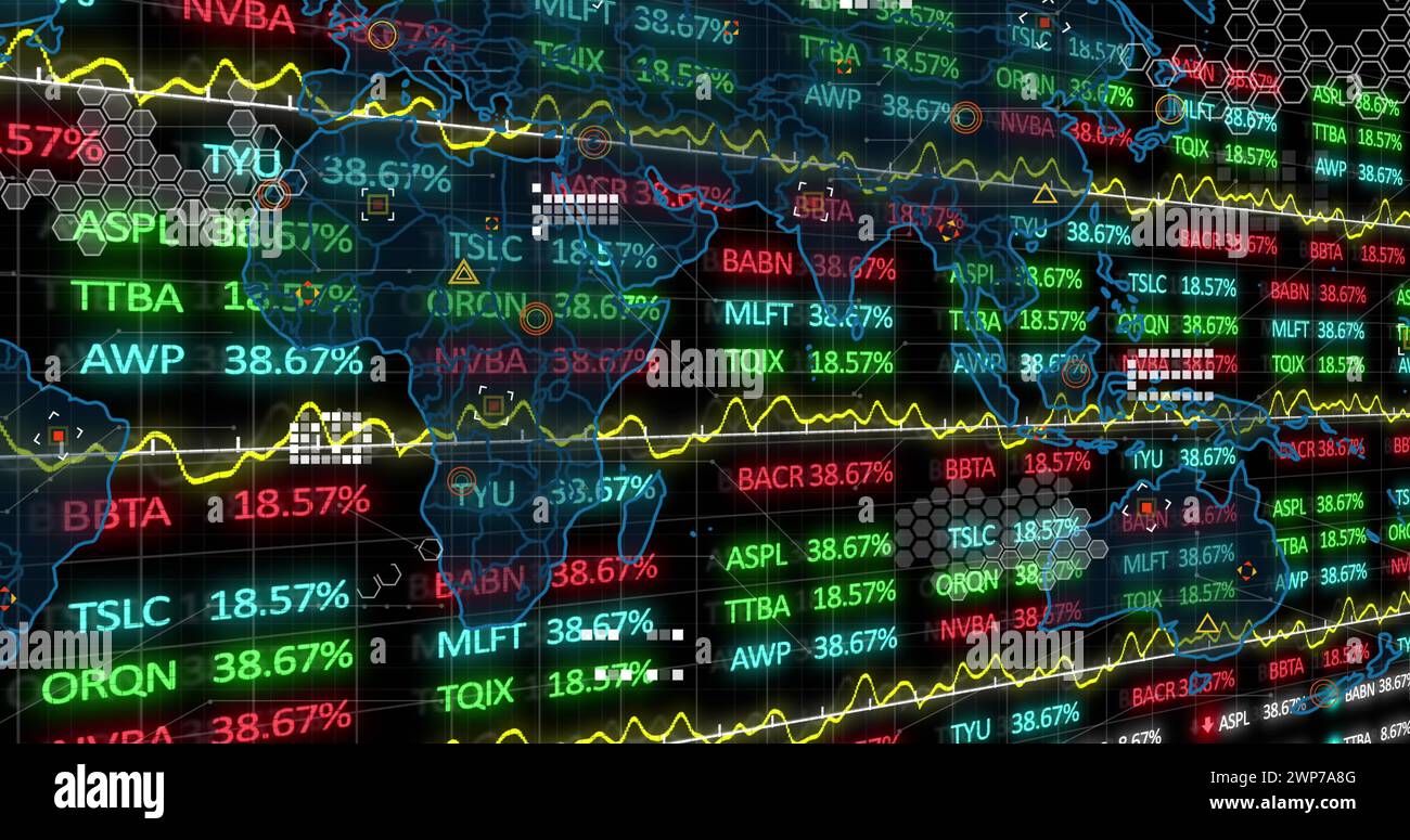 Abbildung verschiedener Diagramme mit Finanzdaten, die globale Börsendaten darstellen Stockfoto