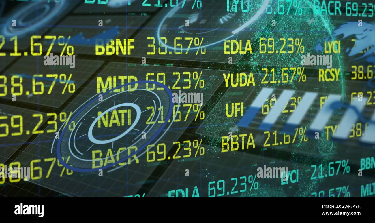 Bild der Verarbeitung von Finanzdaten und Bildschirme über dunklem Hintergrund Stockfoto