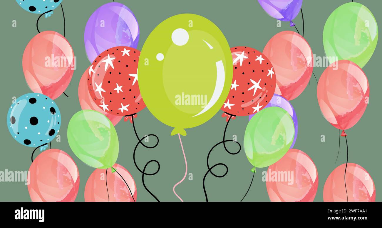 Bild mehrerer farbenfroher Ballons auf grünem Hintergrund Stockfoto