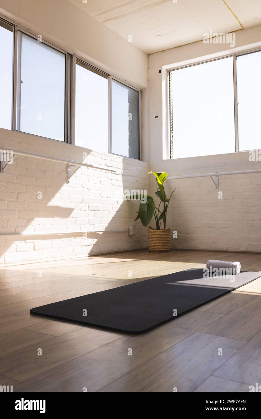 Eine Yogamatte und eine Schaumstoffrolle liegen auf einem sonnigen Studioboden mit Kopierraum Stockfoto