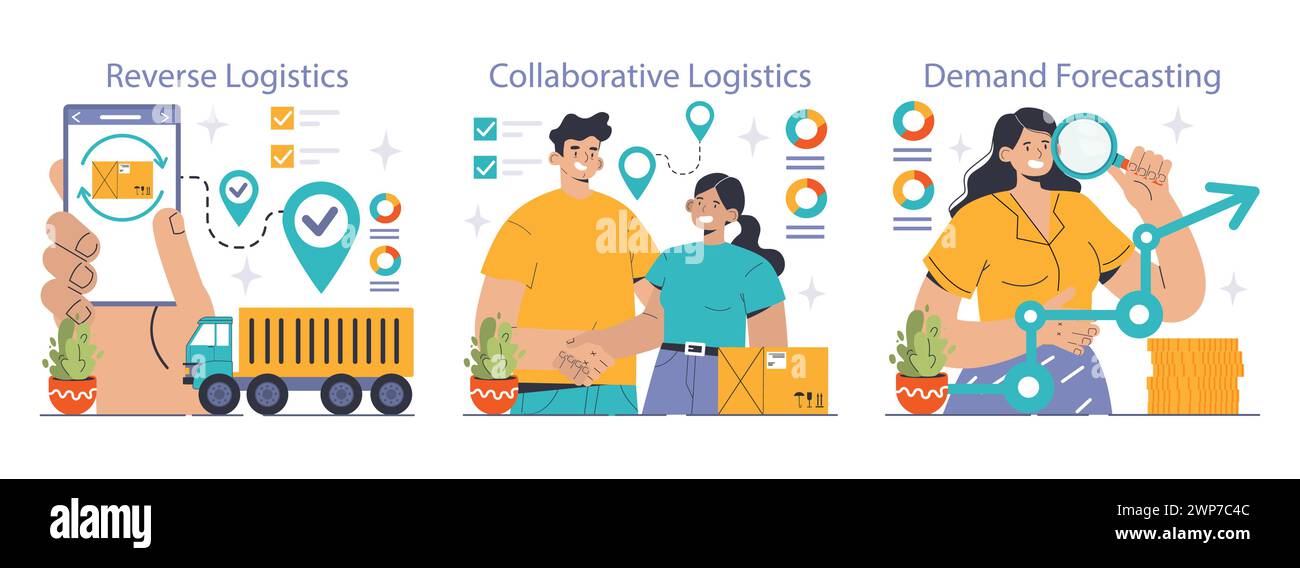 Logistiklösungen. Innovative Strategien in der umgekehrten Logistik, Teamzusammenarbeit für die Effizienz der Lieferkette und erweiterte Bedarfsprognosen. Optimierung von Geschäftsabläufen. Flacher Vektor Stock Vektor