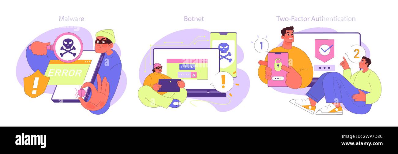 Cybersicherheit in Aktion. Ein wachsamer Benutzer erkennt Malware-Bedrohungen, bekämpft Botnet-Angriffe und setzt sich für die zwei-Faktor-Authentifizierung ein. Illustration der Vektorabwicklung. Stock Vektor