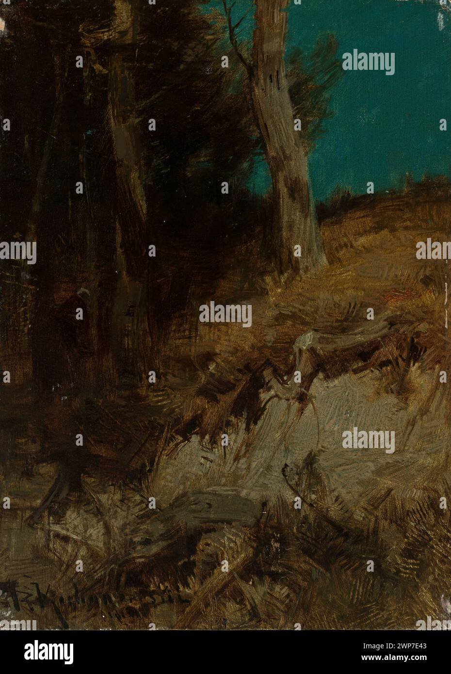 Ein Gemälde von Roman Kazimierz Kochanowski aus dem Jahr 1890-1900, das eine nächtliche Landschaft mit dunklem Himmel und Naturkulisse darstellt, geschenkt. Stockfoto