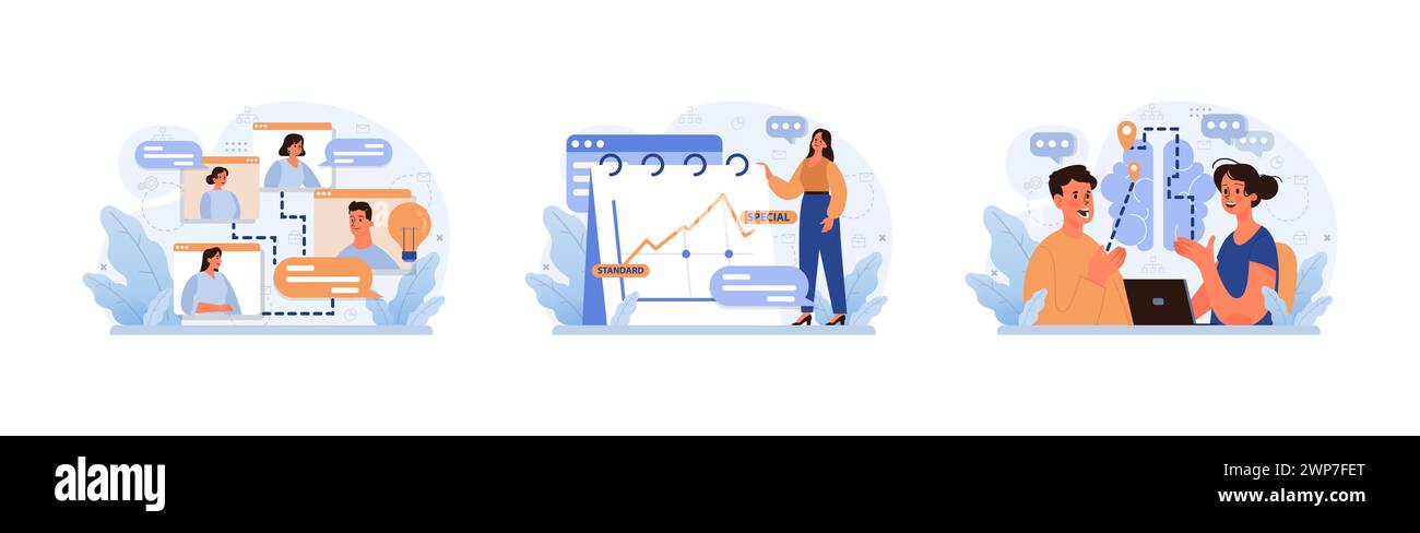 Digitale Kommunikation eingestellt. Remote-Teamzusammenarbeit, Trendanalyse und Online-Diskussionen. Ansprechende virtuelle Meetings, Datenpräsentation. Moderne Arbeitsdynamik. Illustration des flachen Vektors Stock Vektor