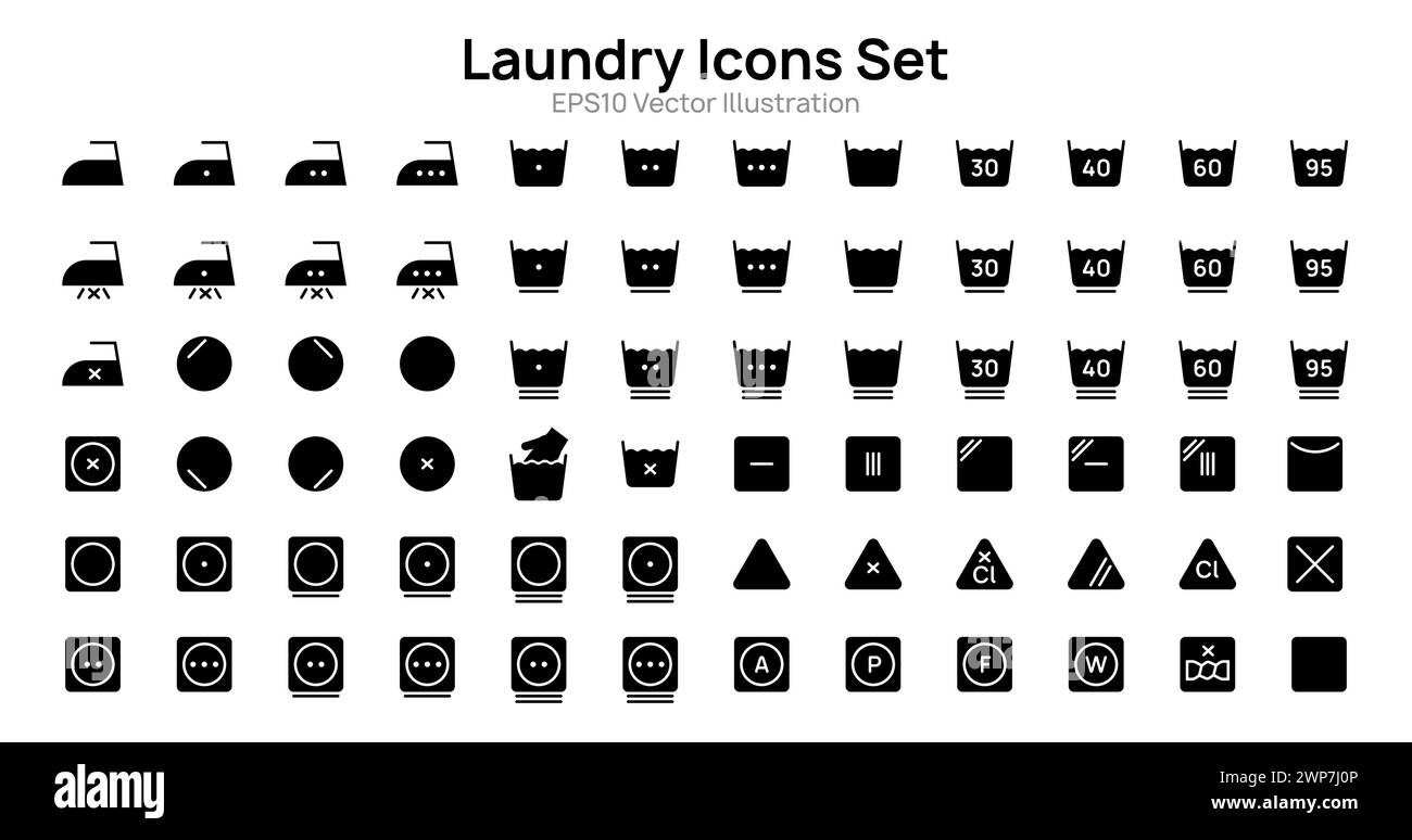 Gefüllte Wäschesymbole setzen Vektor-Illustration Design. Sammlung von Waschsymbolen, Bleichen, Bügeln, Trocknen. Stock Vektor